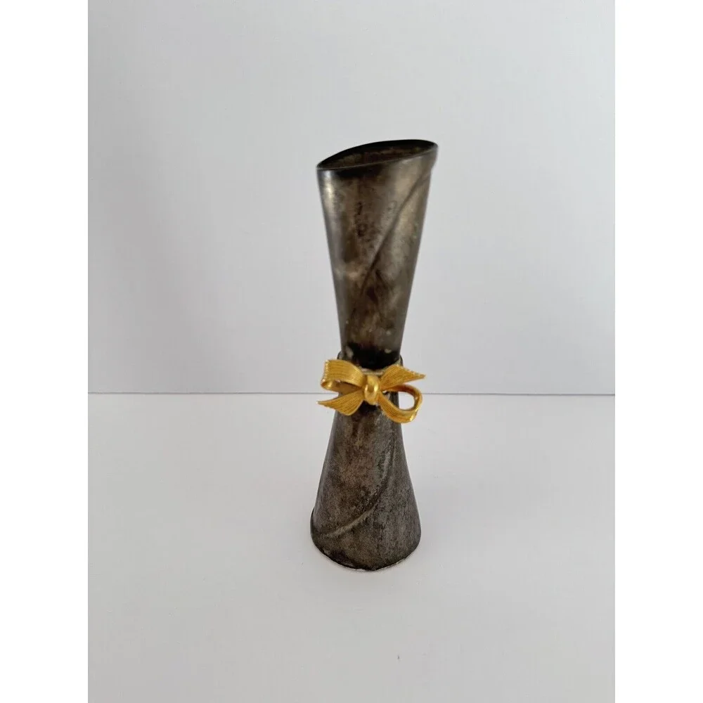 Vintage Metal Silver Flower Vase With Gold Plated Bow 7”